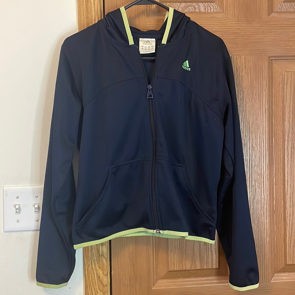 Navy blue with green adidas zip up Jacket